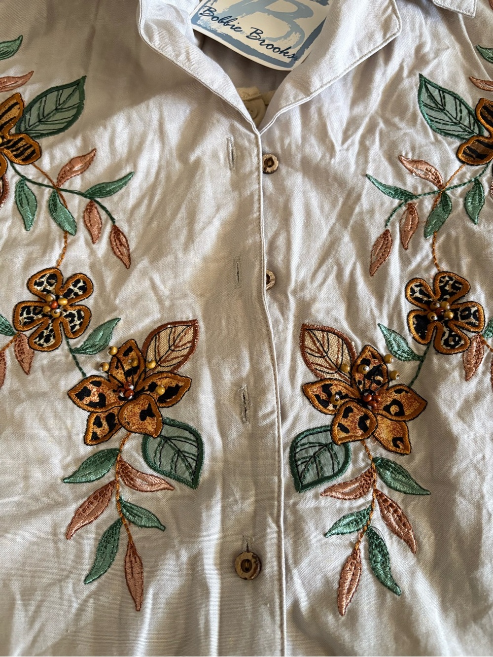 Vintage Floral 90s Boho Embroidered Cotton mock-layer shirt Bobbie Brooks Large - Picture 5 of 8